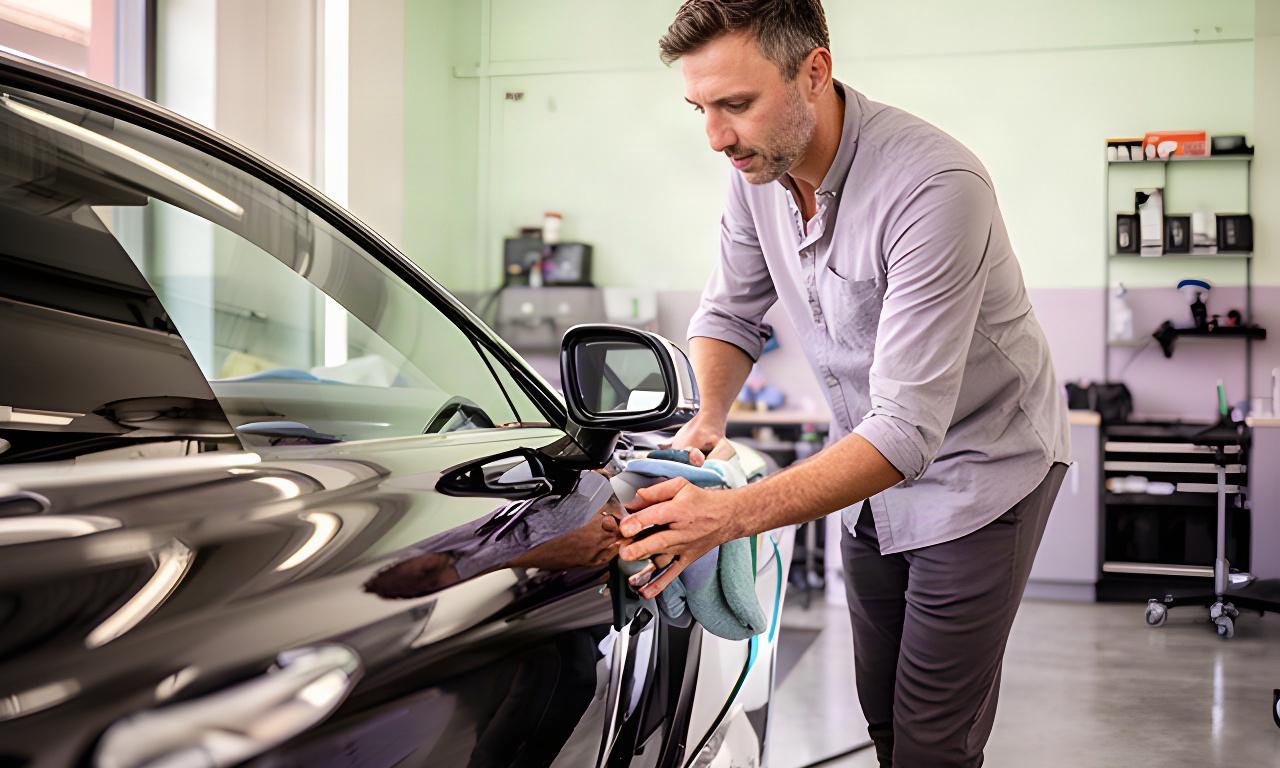 Fondatore di un autolavaggio mentre controlla una vettura lucida nell'officina di Pistoia