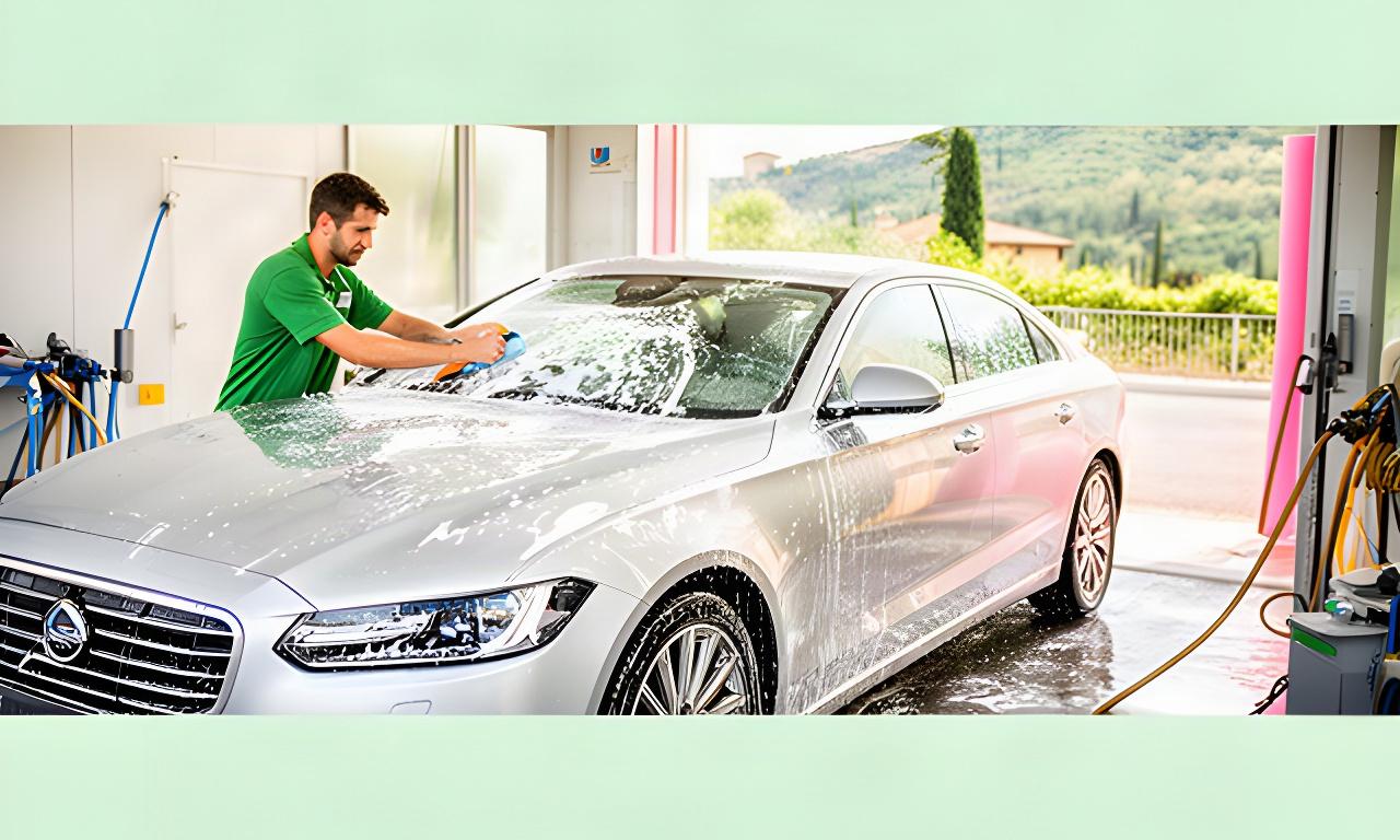 Operatore che lava a mano una berlina lucida nell'area esterna di un autolavaggio a Pistoia